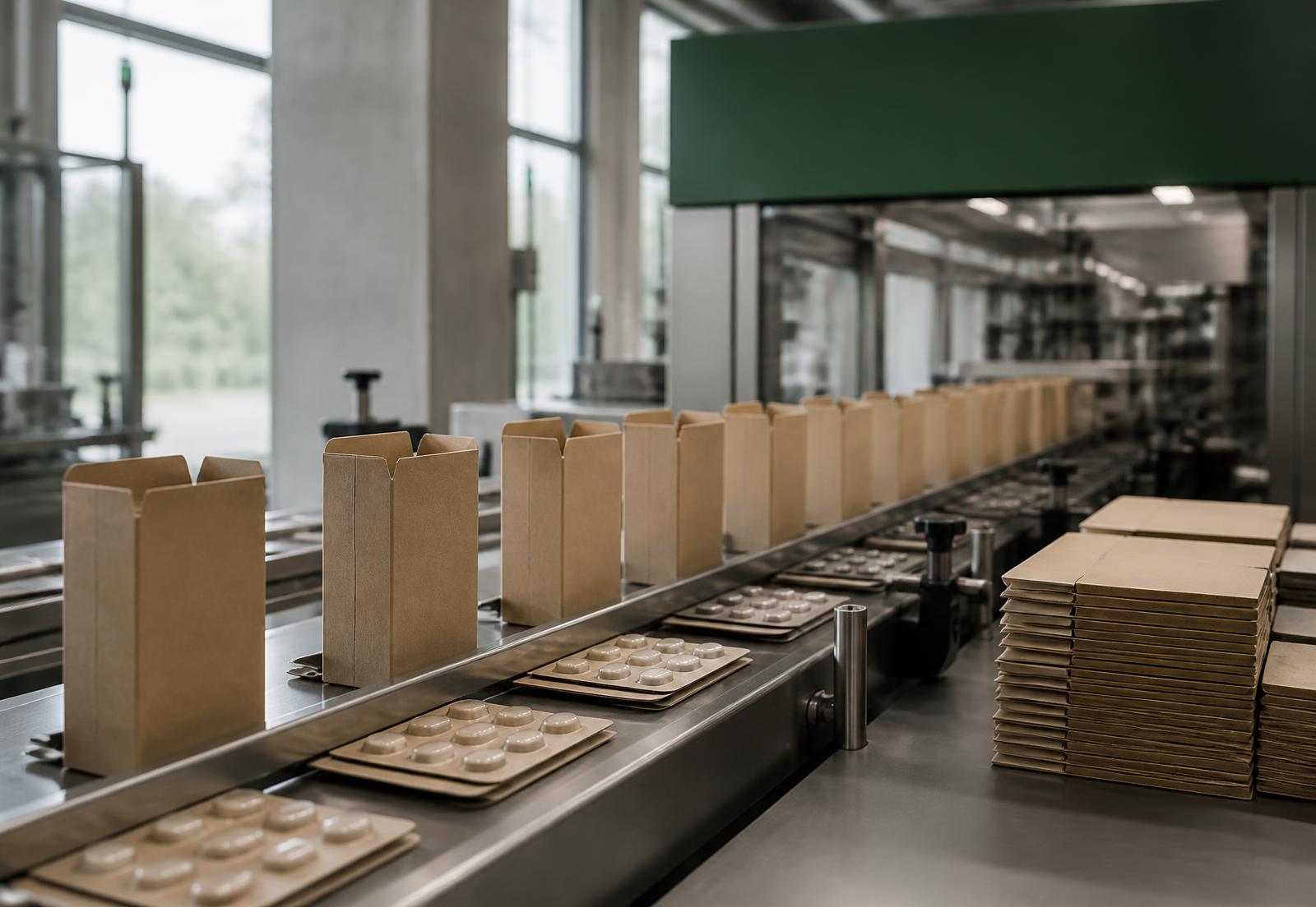 Sustainable packaging materials: recycled board, kraft paper and a glass jar